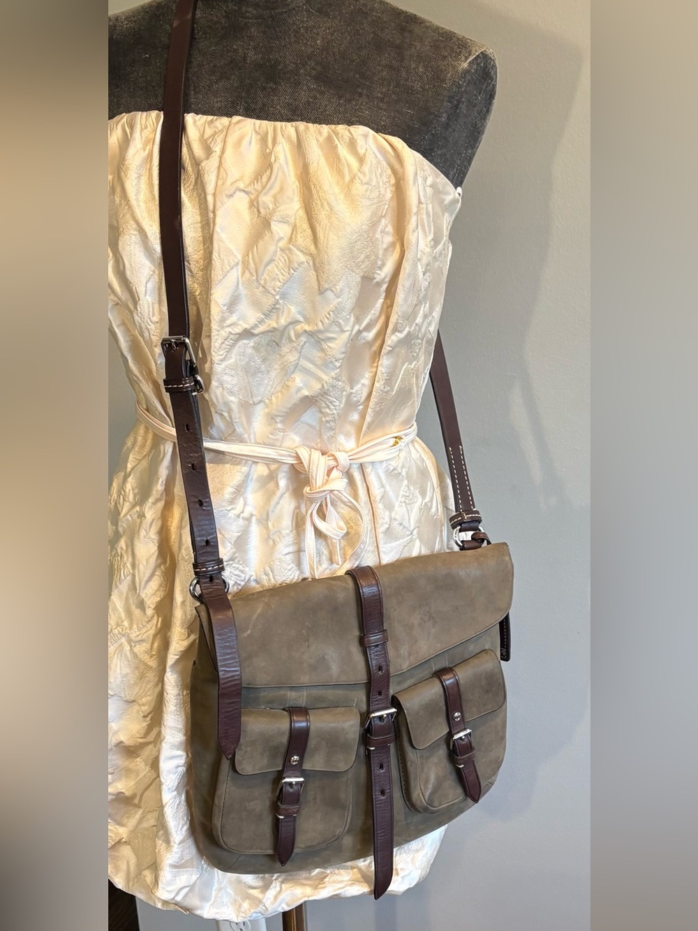 Tumi Messenger Bag Olive Suede with leather trim and buckle closures